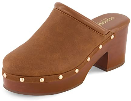 CUSHIONAIRE Guest Platform Clogs for Women, Heeled Faux Wood Mules with Studded Detailing and Memory Foam Footbed for All-Day Comfort, CHESTNUT 8.5