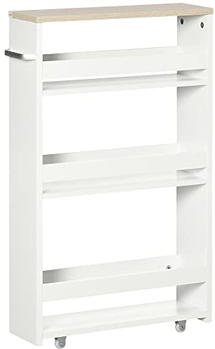 kleankin 3-stegs förvaringsvagn hyllvagn på hjul för smalt kök badrum tvättstuga kontor med handtag – 48 x 15 x 80 cm vit