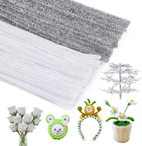 200PCS Pipe Cleaners Chenille Stem Set, 100PCS White +100PCS Glitter Silver Craft Pipe Cleaners, Fuzzy Sticks Pipe Cleaners Bulk for Arts and Crafts, Xmas Home Decoration