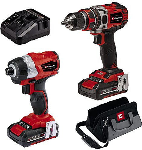 Einhell Power X-Change 18V Cordless Drill And Impact Driver Set - Including Storage Bag, 2 x Batteries And Charger - TP-CD 18/50 Li-i + TP-CI 18 Li Brushless Combi Drills And Driver Sets Cordless