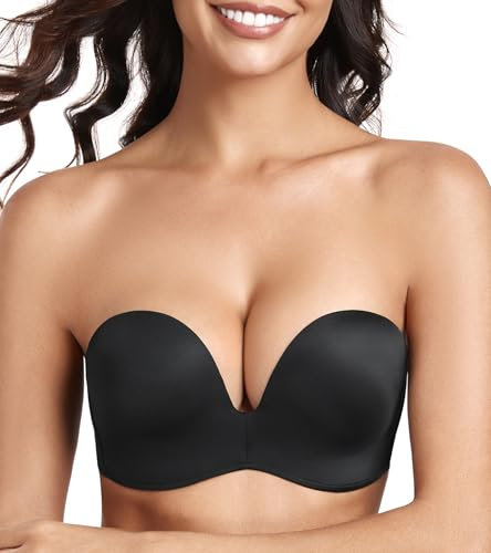 Lemorosy Push up Strapless Bra Women's Anti-Slip Invisible Seamless Wireless Lift Support(Black,34B)