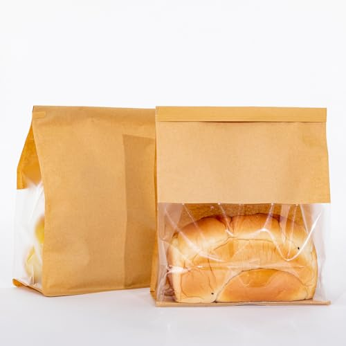 Lesibag 50Pack Bread Bags for Homemade Bread, Paper Bakery Bags with Window, Tin Tie Tab Lock Bags for Toast, Cookie, Coffee (L (8.6’’x11’’+4.3’’))