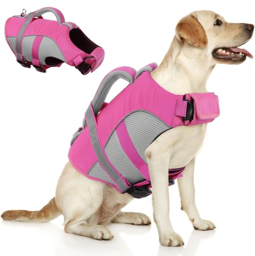 Queenmore Dog Life Vest for Swimming, Adjustable High Visibility Dog Life Jacket with Superior Buoyancy and Rescue Handle, Pink, Large