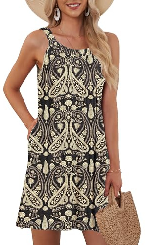 AUSELILY Vestito da Spiaggia Donna Estate Senza Maniche Casual Boho Floral Maniche Corta Abiti Lunghi Canottiera Allentata Boho Floral Nero XL