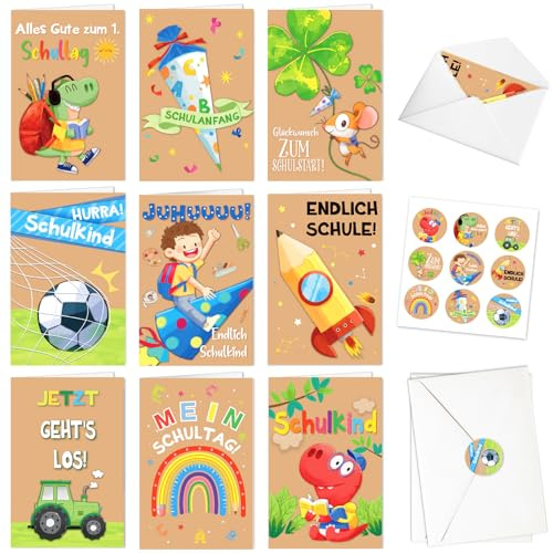 DPKOW Schulanfang Karten Einschulung Jungen, 2026 Schulkind Grußkarten mit Umschlägen Aufkleber, Dinosaurier Fußball Karten Schultüte Rakete Glücksbringer Schulkind 2026 Schulanfang Deko, 9 Stile