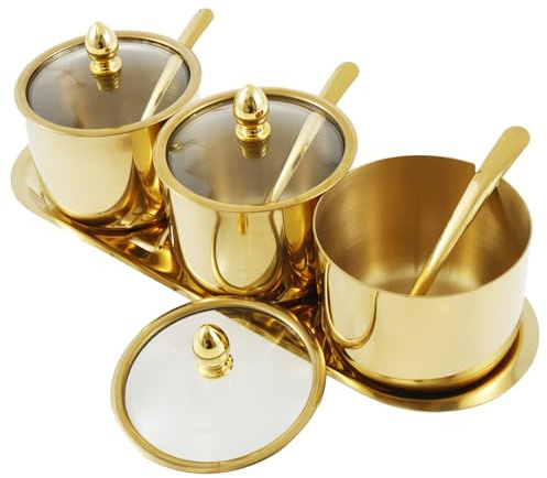Kandishiex Stainless Steel Sugar Bowl Set with Glass Lid and Spoon 3 Grid Condiment Jar Set with Tray Reusable Condiment Canisters Pots Set Stylish Seasoning Box for Sugar Spice Salt (Golden)