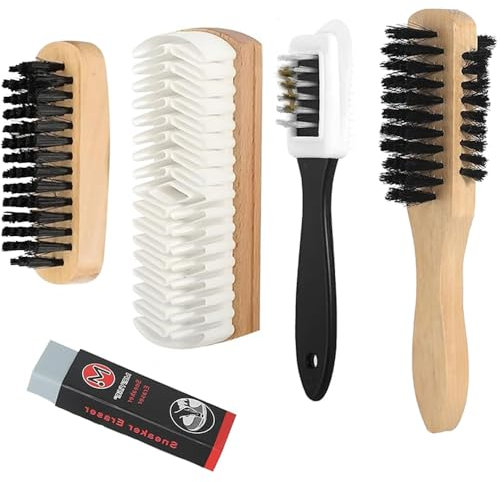UQTUKO Brosse à daim pour chaussures, 5 pièces Kit Nettoyage Chaussure Daim Brosse à daim Multifonction à 4 Côtés brosses à chaussures avec Gomme de Nettoyage Nubuck Brosse pour daim