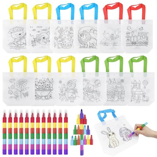 Lixiluxia 12 Piezas Bolsas de Tela para Pintar y 12 Crayones de Cera Apilables (7 Colores en 1), Estuche para Colorear, Bolsas para Colorear, Graffiti Bolsas para Colorear, Diy Graffiti Bolsas Niños