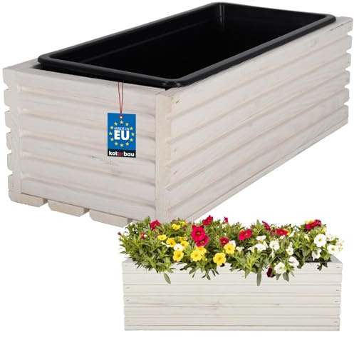 KOTARBAU® Blomlåda av trä 44 x 20 cm med innerkruka balkonglåda vit balkongkruka blomkruka blomlåda blomkruka utomhus balkong trädgård terrasser låda med insats
