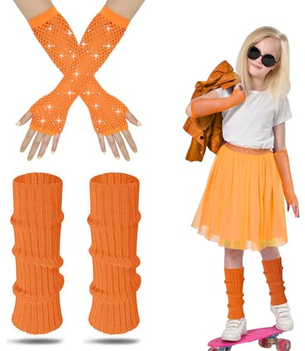 Calentadores Niña Años 80, Calentadores Niña Fluor y Guantes de Red de Pesca de Neón Cálido Calentadores de Piernas Para Niñas Fiesta Temática de Vestidos de Lujo para La Década (Naranja, 1)