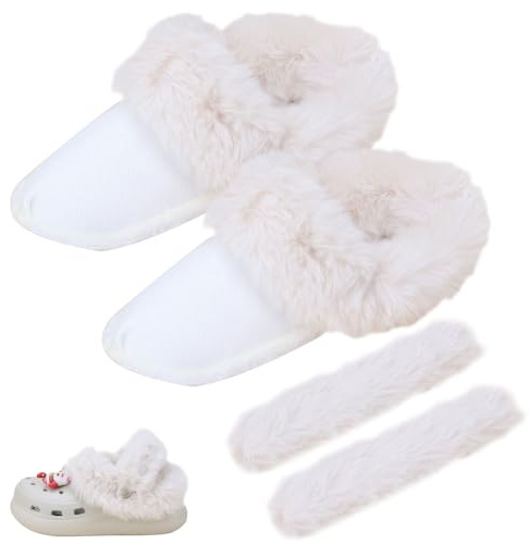 KASESSS Semelles Intérieures de Rechange pour Sabots Crocs, Cheveux Longs Doublure Chaude, Blanc Laiteux Couverture À Lacets, Doublure Amovible pour Chaussures, Longueur Interne de la Semelle 240 mm