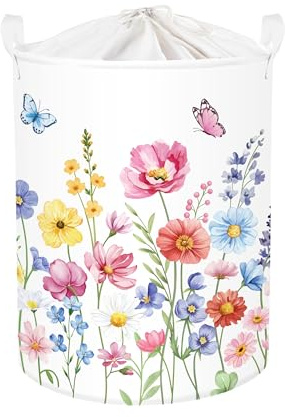 HUUMONSS, Cesto per la Biancheria Grande con Fiori, Bellissimo Cesto di Stoffa per la Primavera, Contenitore per Vestiti e Giocattoli per Uso Domestico, Rosa-Viola, 63L