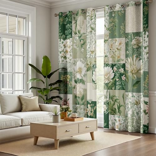 Rufxnn Floral Patchwork Grommet Curtains 2 Panels Set, Vintage Rustic Lodge Blackout Curtain 38x54 Inch Thermal Insulated, Plaid Plant Flower Drapes for Living Room Bedroom Office Nursery