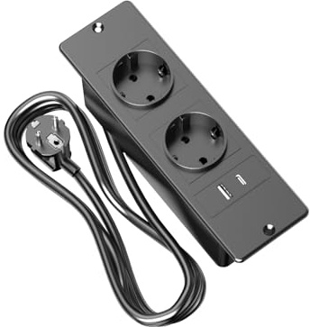 Infälld grenuttag med överspänningsskydd – skjutbar bordskontakt med 2 jordkontakter – 1 USB-A-port + 1 typ C – 1,5 m kabel – för bänkskivor och konferensbord