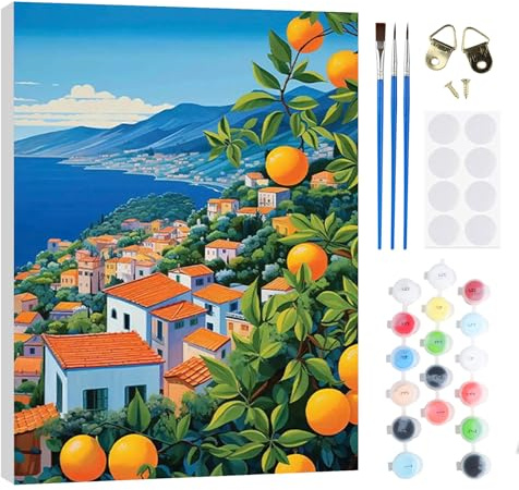 RICUVED Paisaje Pintura por Números para Adultos y Niños 20x30cm -Naranja Kit DIY con Marco de Madera, Pinturas al Óleo, Pinceles y Bandas Magnéticas para Decorar Tu Casa
