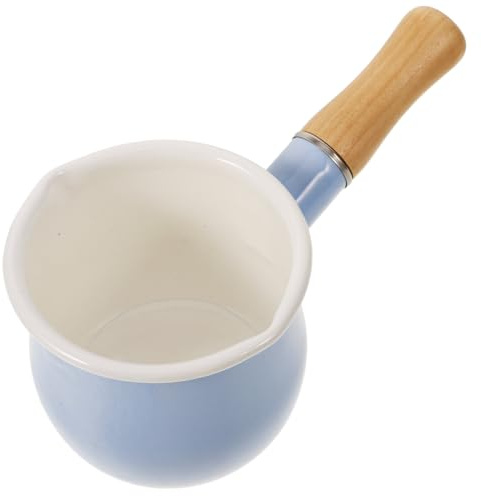 Abaodam Enamel Mini Milk Pan with Pouring Lip Wooden Handle, 10cm Small Kitchen Pot for Induction Hob, Butter Warmer for Baby Food, Cooking Sauce and Jam Saucepan Blue