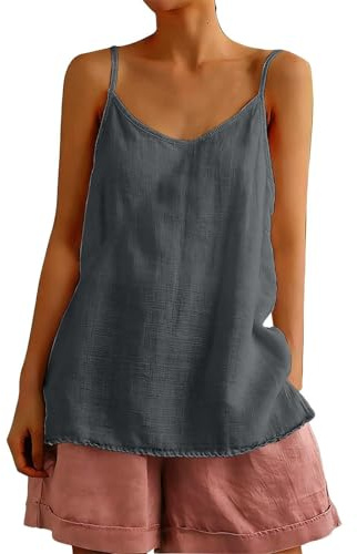 Canotta Lino Donna Estiva Top Elegante Curvy Senza Maniche Canottiera Puro Lino Scollo a V Tinta Unita Abbigliamento Donna Curvy Cotone Tunica Blusa Casual T-Shirt Maglietta Sportiva Fitness