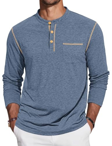 TARAINYA Henley T-Shirt Homme Manches Longues avec Poche Poitrine M-4XL | 95% Coton, 5% Élasthanne. Col Henley 3 Boutons, Surpiqûre Contrastée. Coupe Régulière. Style Décontracté, Toute L’anné
