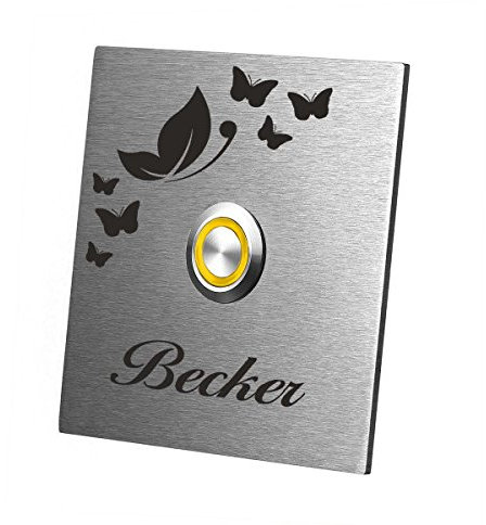 polar-effekt Sonnette de porte personnalisée en acier inoxydable V2a - 9 x 9 cm - Plaque de sonnette avec gravure - Bouton de sonnette jaune - Plaque de sonnette cadeau pour pendaison de crémaillère