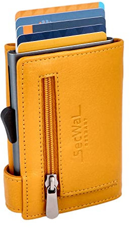 SecWal Kartenetui mit Münzfach Reißverschluss - Made in Germany - Echtleder Geldbörse inkl. E-Book für Damen und Herren - RFID Schutz Portemonnaie Leder - Geldbeutel klein (Gelb)