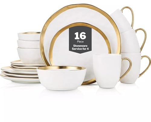 Stone Lain Modern Poreclain 16 Piece Dinnerware Set, Plates and Bowls Set, Dish Set for 4, White and Golden Rim