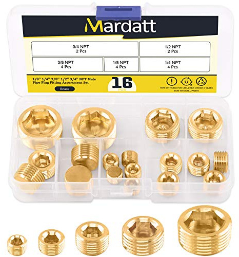 Mardatt 16Pcs Brass NPT Plug Kit, 1/8 1/4 3/8 1/2 3/4 | Internal Hex Counter Sunk Pipe Fitting Male Thread Pipe Plug Set for Closing or Capping Pipe Ends in Systems