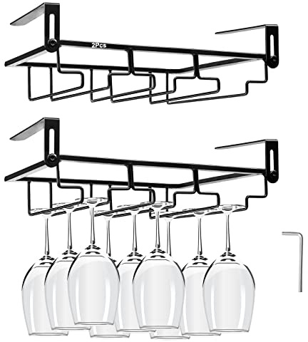 AUHOKY Lot de 2 porte-verres à vin réglables sous armoire, sans perforation, 3 rangées, support en métal à suspendre pour verres à vin, étagère de cuisine, bar (3 rangées, noir)