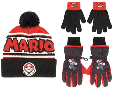 Nintendo Boys Winter Hat with Knit Gloves and Insulated Ski Glove Set, Super Mario For Age 4-7