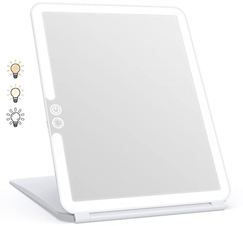 WEILY Schminkspiegel mit Beleuchtung, Kosmetikspiegel DREI Farben Winstellbarer Led Kosmetikspiegel, 2000 mAh USB Aufladbarer Beleuchteter Tischspiegel, Make up Spiegel für Reisen (Weiß)