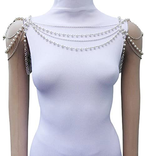 Elegant flerskiktskedja mode pärlhalsband kvinnor kedja axlar kedja bröllop kroppskedja för brud damer, En storlek, Legering, kristall, pärla