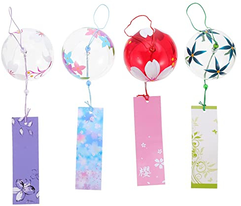 Carillones de viento de cristal, 4 piezas, carillones de viento de metal, adornos de césped, decoraciones japonesas, campanas de viento musicales, campanas de viento románticas, adornos artesanales de