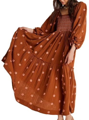 ticticlily Vestido Mujer Largo Casuale Elegante Manga Larga Cuello Cuadrado Escotado por Detrás Vestidos de Fiesta Playa Ocio Vestido Volante Swing con Bolsillo A Marrón L
