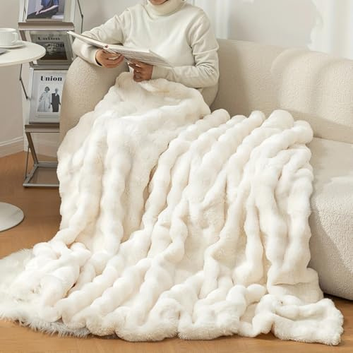 Tospass Kuscheldecke Flauschig Decke 180x200cm Beige Kunstfell Microfaser Plüsch Wohndecke Dick Flanell Warme Sofadecke TV-Decke Weich Wende Überwurfdecke Für Bett Sofa Schlafzimmer Büro