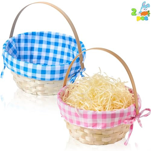 JOYIN 2 cestini pasquali in bambù intrecciato con fodera e manico, per feste, picnic, regali vuoti, per ragazze e ragazzi, caccia alle uova di Pasqua (erba non inclusa)
