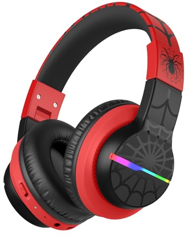 iClever Bluetooth Kids Headphones, BTH12 Colorful LED Lights Kids Wireless Headphones Over Ear with 74/85dBA Volume Limited, 85H Playtime, Bluetooth 5.2 for School/Tablet/PC, Black&Red