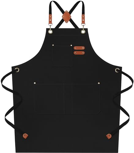 Riqiaqia Black Chef Apron for Men Women, Water-Resistant Cotton Canvas Cross Back Aprons with Adjustable Strap and Large Pockets for Kitchen Cooking Baking Artist Painting