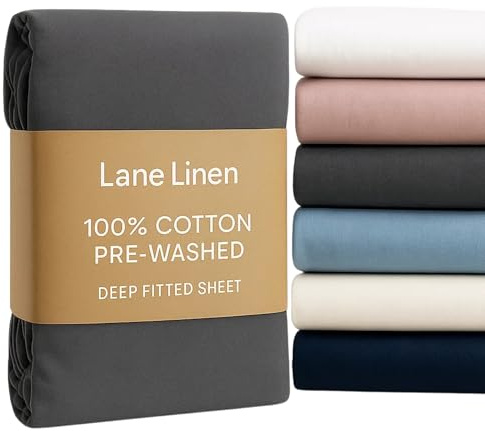 Lane Linen 100% Cotton Fitted Sheet – Super King Bed – Pre-Washed Percale – Deep 38cm Pocket – Soft, Breathable & Durable – Hotel-Style Bottom Sheet – Charcoal