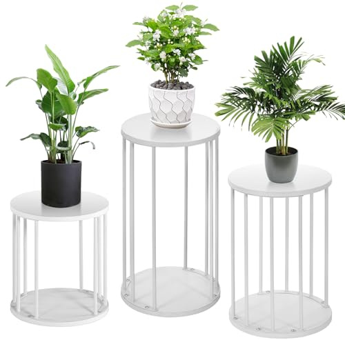 HDANI Set med 3 runda metallväxthållare 35/45/55 cm, fast och robust blomstativ för vardagsrum, trädgård, balkong, träblomstol, vit