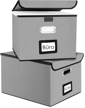 Gemsaya 2 Pack Portable File Organiser Box with Lid, Foldable Collapsible File Storage Box with Plastic Slide, 38x32x27.5cm Hanging Filing Storage Box for Office Home File Folders, Grey