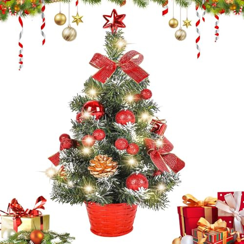 Mineup Arbol de Navidad Pequeño con LED, 40 cm Mini Árbol de Navidad Artificial con Luces LED y Adornos, Arbol Navidad Pequeño Artificial para Mesa, Regalo, Sala de Estar, Dormitorio