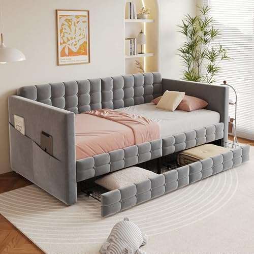 Divano letto estraibile, letto imbottito 90 x 190 cm, classico motivo a quadri, scomparti sui lati del letto, due cassetti sotto il letto, ospiti o come letto singolo, tessuto di velluto, G