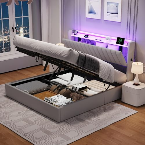 Besbed King Size Bed Frame with Storage, 5ft Ottoman Bed Frame with Headboard & Hydraulic, Upholstered Bed with LED-Lighting & Charging-Station, PU, 150x200cm, Gray, No Mattress