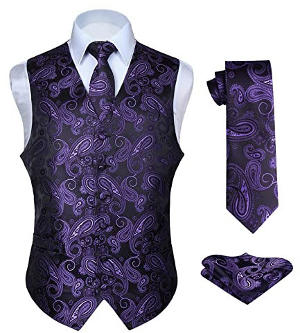 Enlision Men's Paisley Floral Wedding Party Jacquard Waistcoat&Necktie and Pocket Square Vest Suit Set, Purple & Black, 3XL(Chest size 54 in)