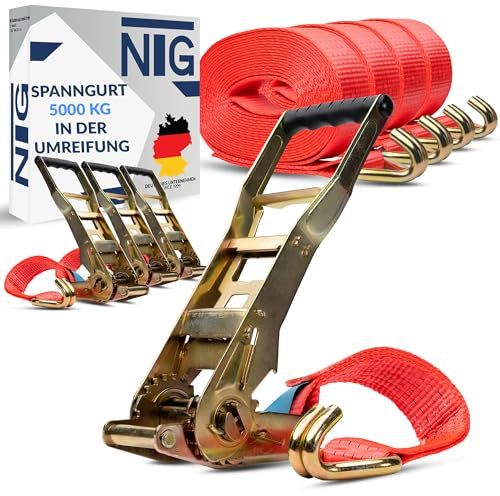 4 unidades 5000 kg 10 m correas tensoras con trinquete Ergo Langhebelratsche – TÜV/GS – Gancho de trinquete de amarre 2 piezas correa tensora para camiones correas de amarre 50 mm