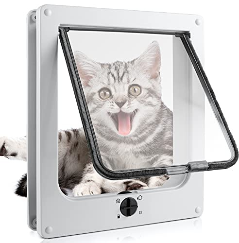 Sailnovo Cat Door（Outer Size 9.25 x 10.62 ）, Rotary 4-Way Facile Locking for Interior Exterior Door,Quiet, ABS Material,Weatherproof Pet Doors, Telescopic Frame, White,(Suitable for Cats<27.54 lb)