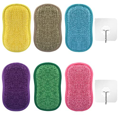 Topfreiniger Schwamm 6 Stück mit 2 Stück Hafthaken, Mikrofaser Küche Scheuerschwämme Double Side Schwämme Topfreiniger,waschbar zum wiederverwenden