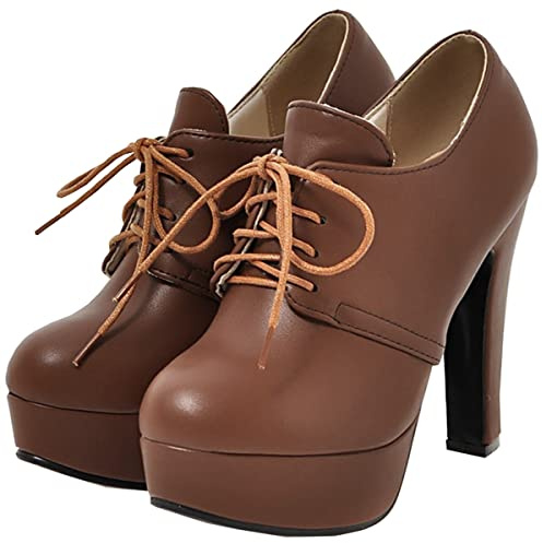 Betastella Women's Chunky Platform Booties Lace Up High Block Heel Ankle Boots, Size 7, Brown
