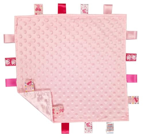 Soft Touch Taggie Comforter Baby Comfort Blanket With Sensory Tags and Bubble - Foil Print Pattern BC15 (Pink), 35 x 35 CM