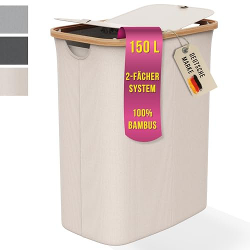 Cesto para la colada con 2 compartimentos con 2 tapas, 150 litros, tela de bambú, color beige, tamaño XXL, sistema de clasificación de ropa, 2 compartimentos, cesta para la colada con tapa, contenedor