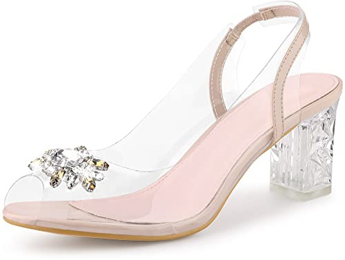 Perphy Sandalias de tacón de bloque con diamantes de imitación transparentes para mujer, beige, 38 EU